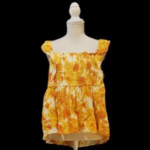 Rose + Olive Baby Doll Ruffle Strap Sleeveless Top Golden Rod Floral Women’s Lg